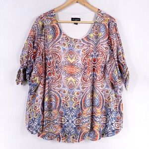 I.N. Studio Blouse Shirt Woman Sz 2X Multicolor Geometric Knotted Split Sleeve